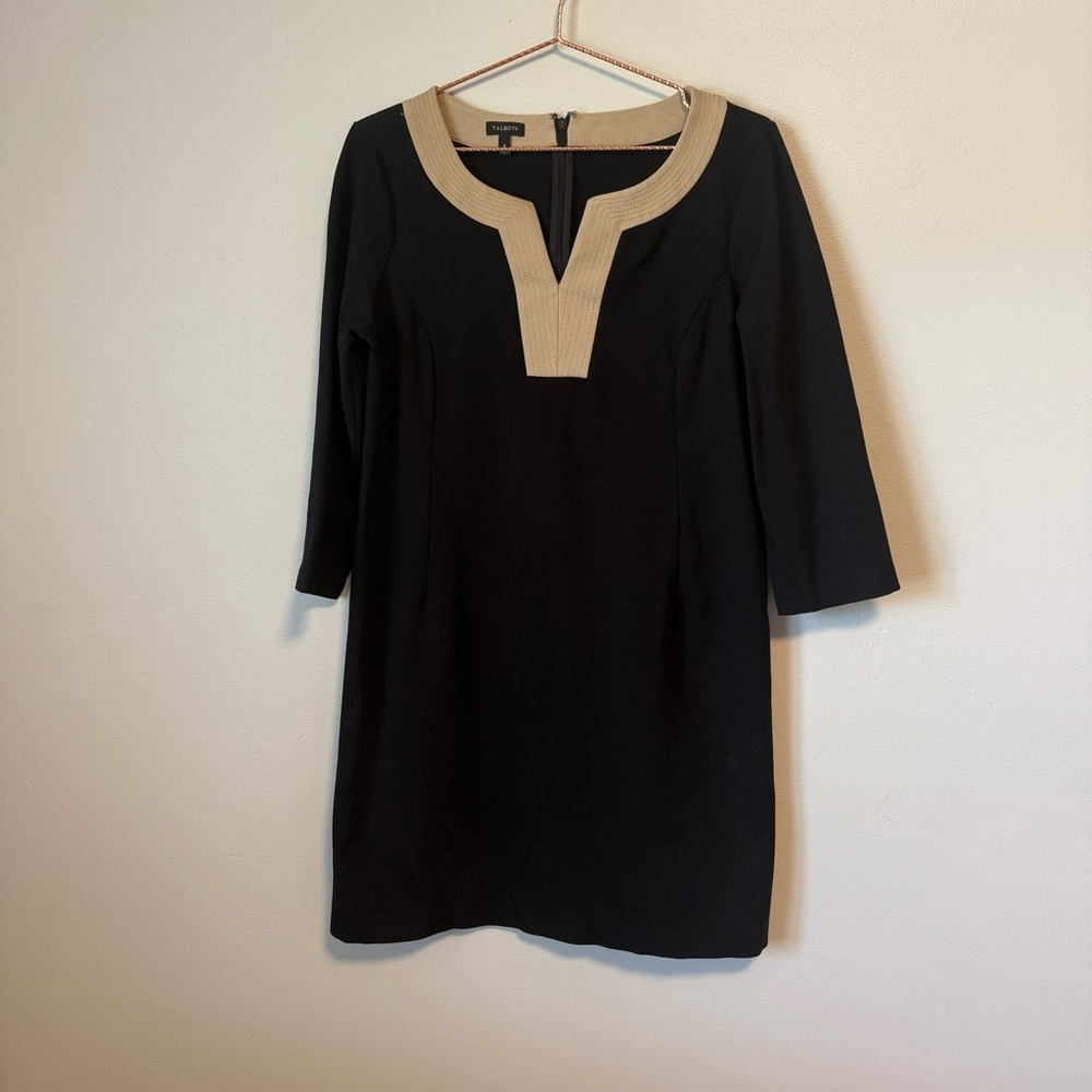 Talbots Ponte Knit Sheath Dress Black/Tan Color-Block V-Neck